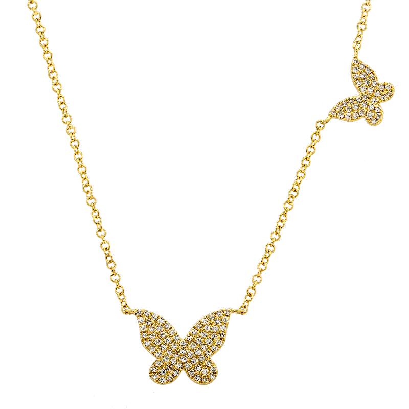14k Yellow Gold Diamond Big and Small Butterfly Necklace