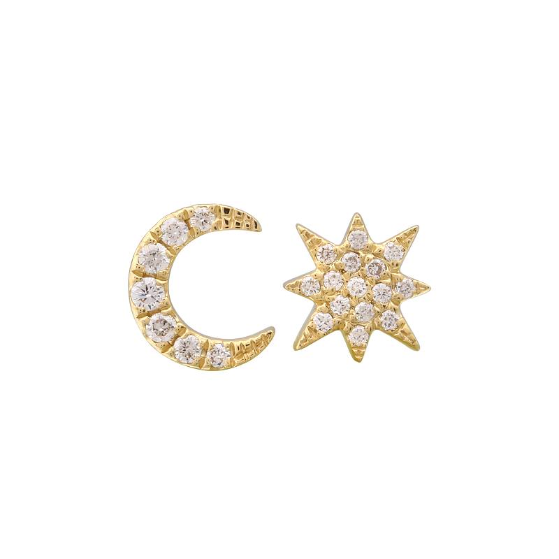 14k Yellow Gold Moon & Sunburst Diamond Stud Earrings