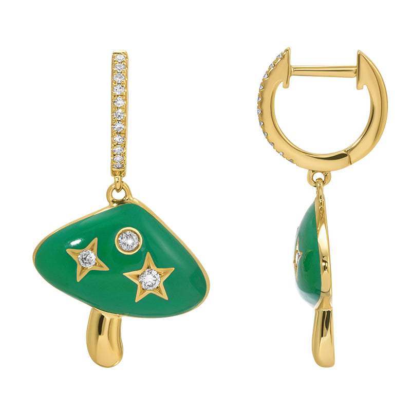 14k Yellow Gold Enamel Mushroom Diamond Huggie Earrings