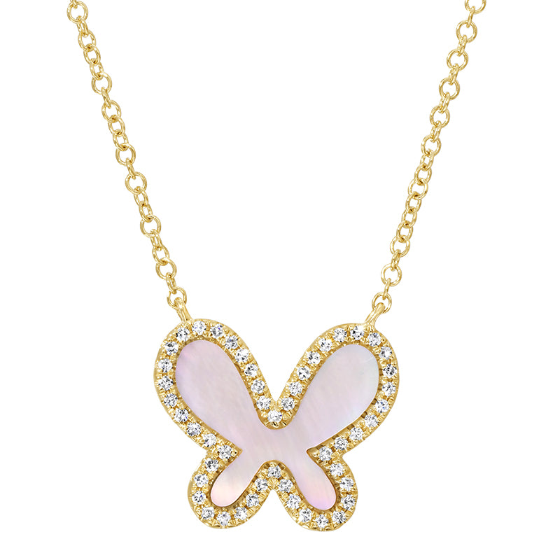 14k Yellow Gold Mother of Pearl Butterfly Diamond Necklace