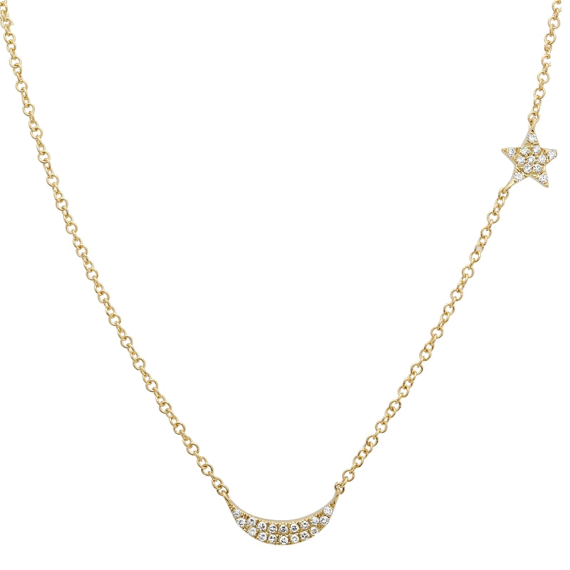 14k Yellow Gold Diamond Moon And Star Necklace