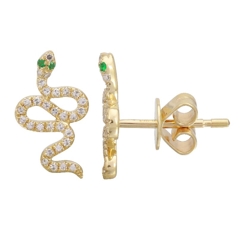 14k Yellow Gold Snake Diamond Stud Earrings / Green Eye