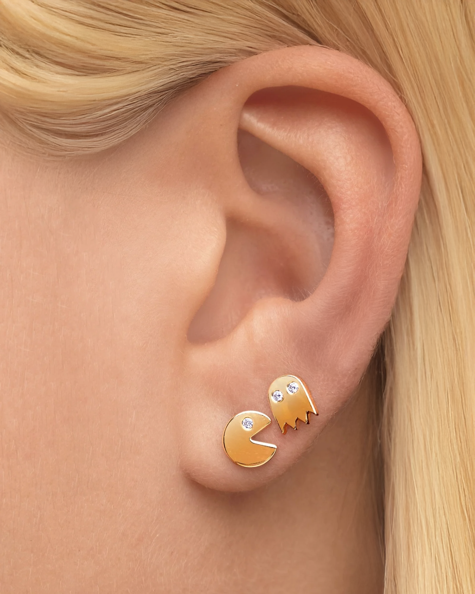 14k Yellow Gold Pacman Diamond Stud Earrings