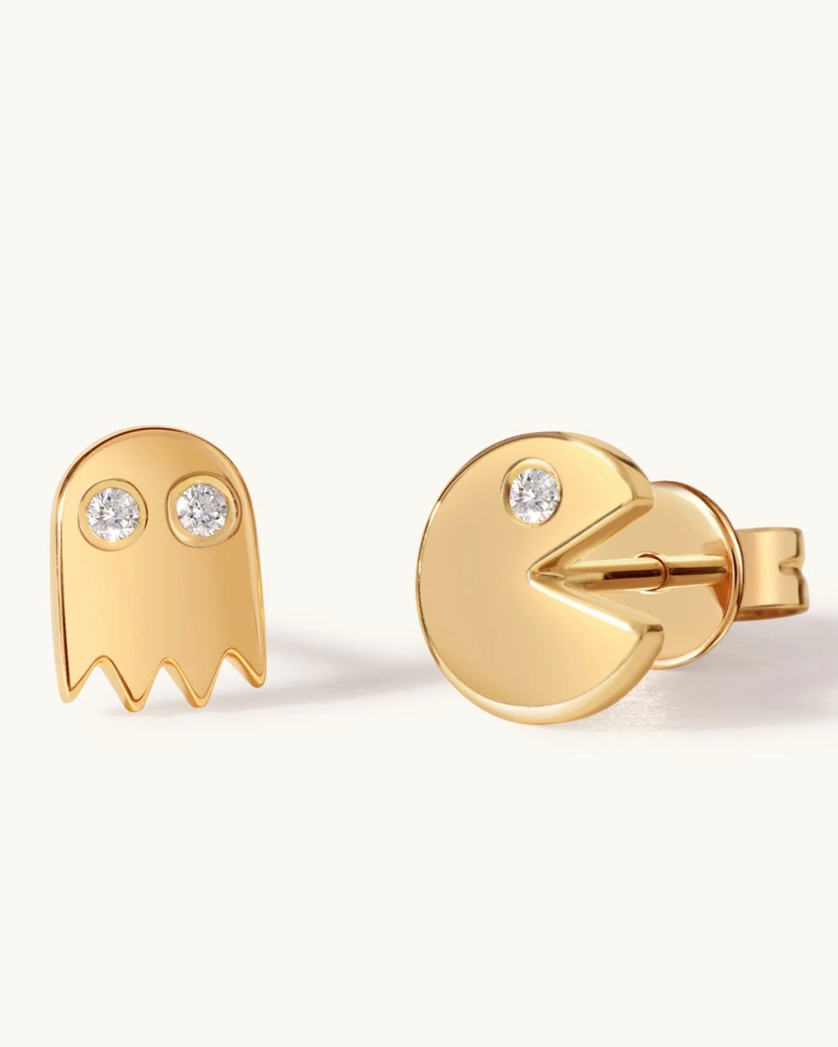 14k Yellow Gold Pacman Diamond Stud Earrings