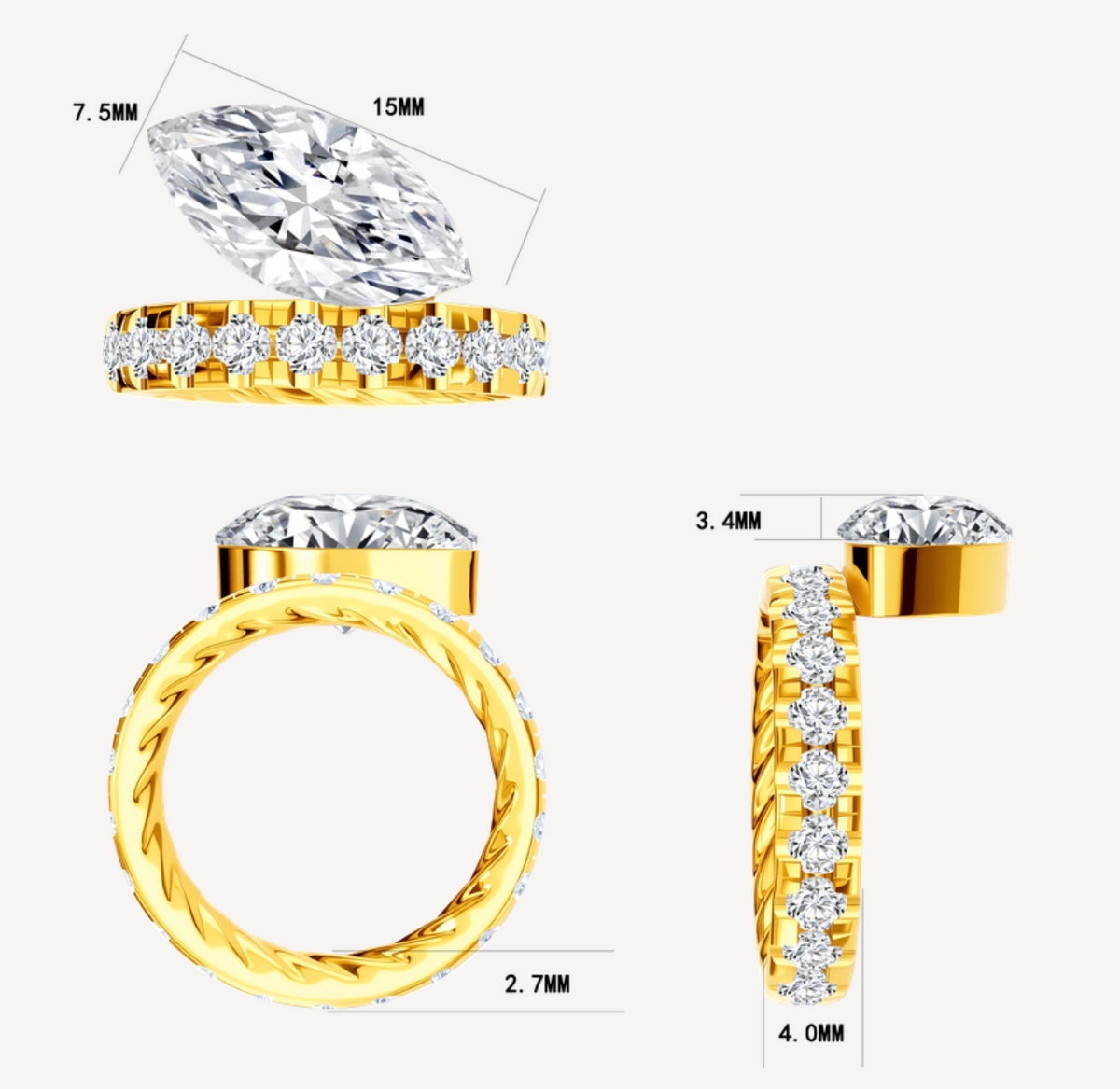 3 CT Lab Diamond Ring in 14K Yellow Gold