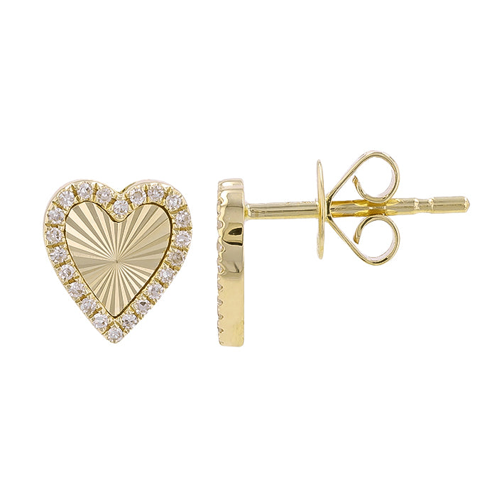 14k Yellow Gold Lines / Fluted Heart Diamond Stud Earrings
