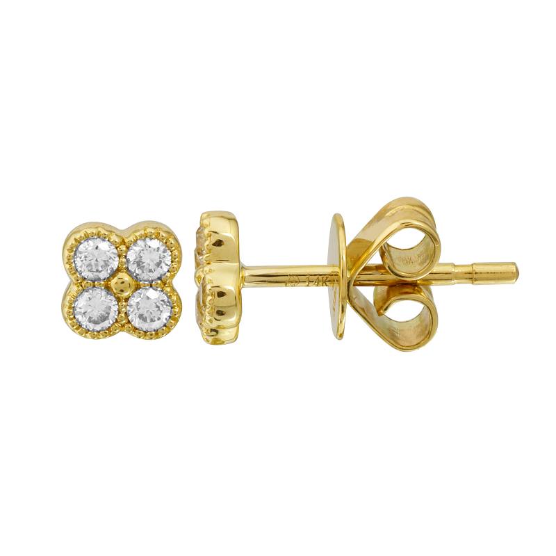 14k Yellow Gold Diamond Clover Stud Earrings