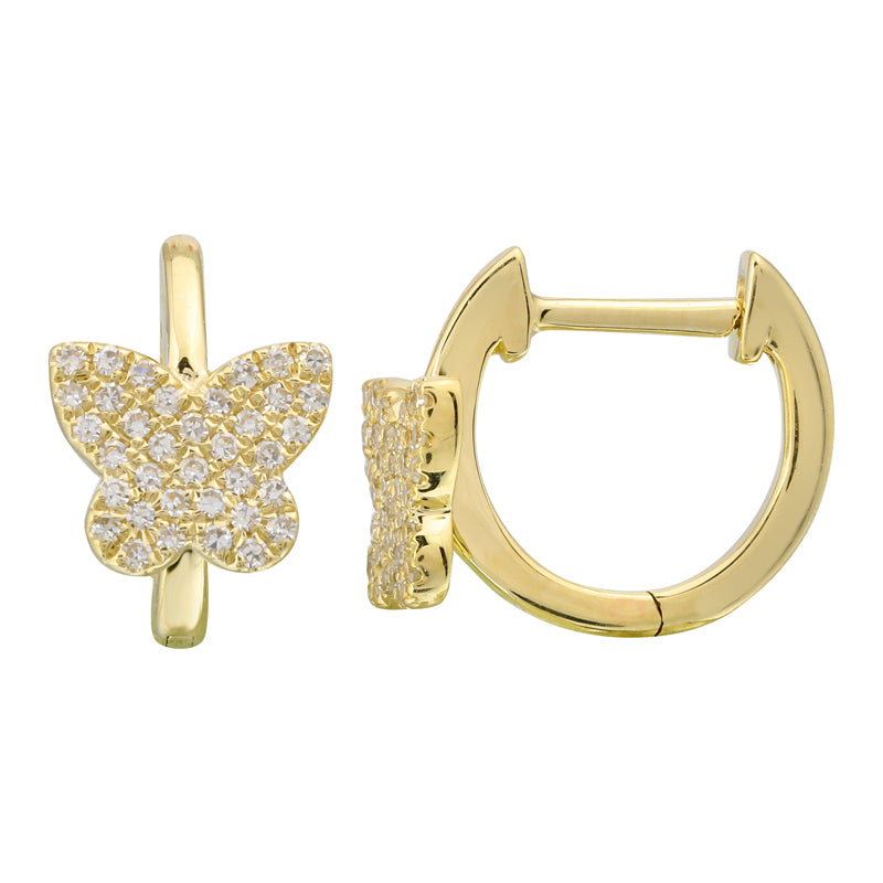 14k Yellow Gold Butterfly Diamond Huggie Earrings