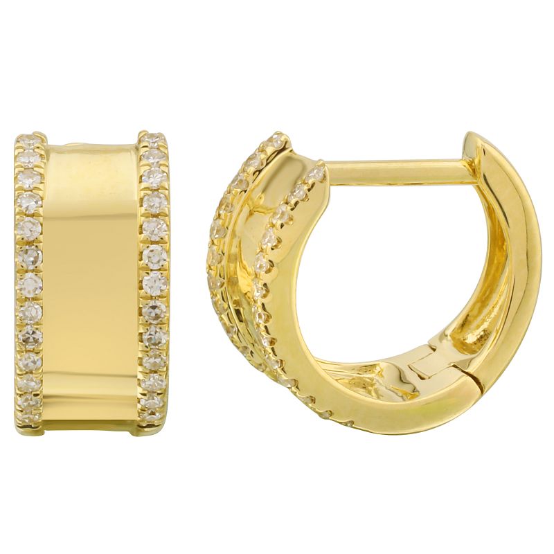 14k Yellow Gold Wide Huggie Earrings With Dmamond Border