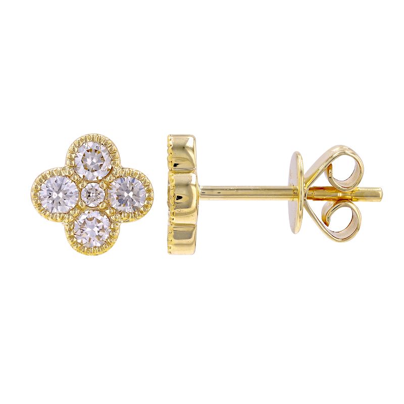 14k Yellow Gold Diamond Clover Stud Earrings