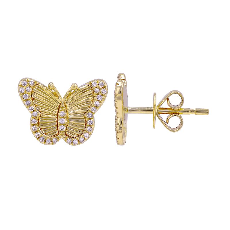 14k Yellow Gold Peated Butterfly Diamond Stud Earrings