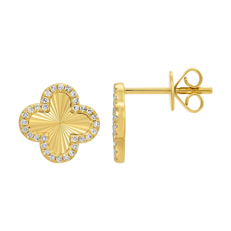 14k Yellow Gold Lines / Fluted  Clover Diamond Earrings