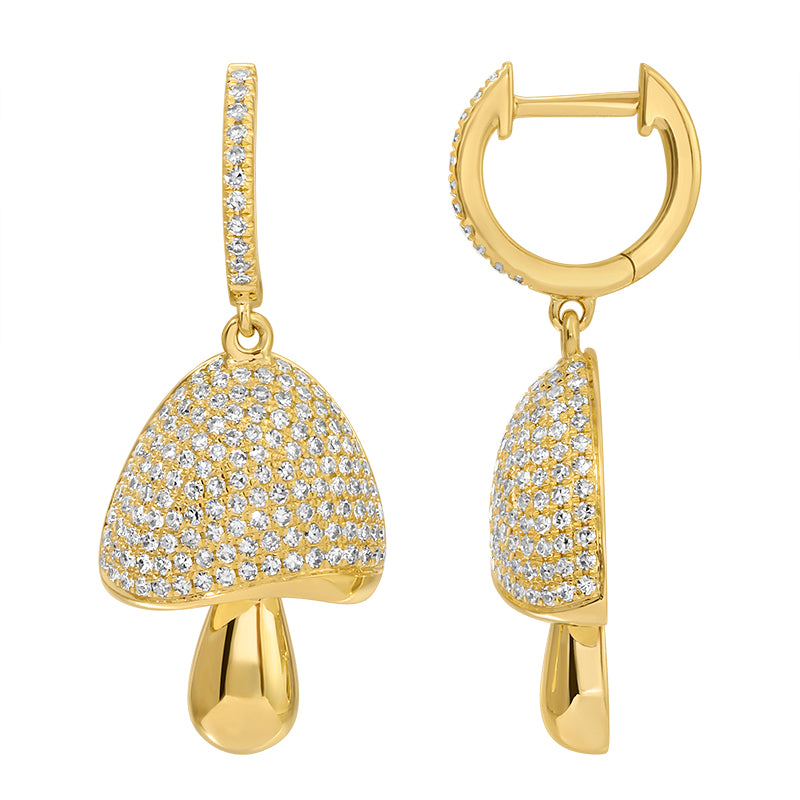 14k Yellow Gold Diamond Mushroom Huggie Earrings