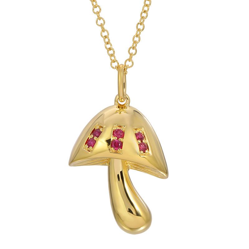 14k Yellow Gold Ruby Mushroom Necklace