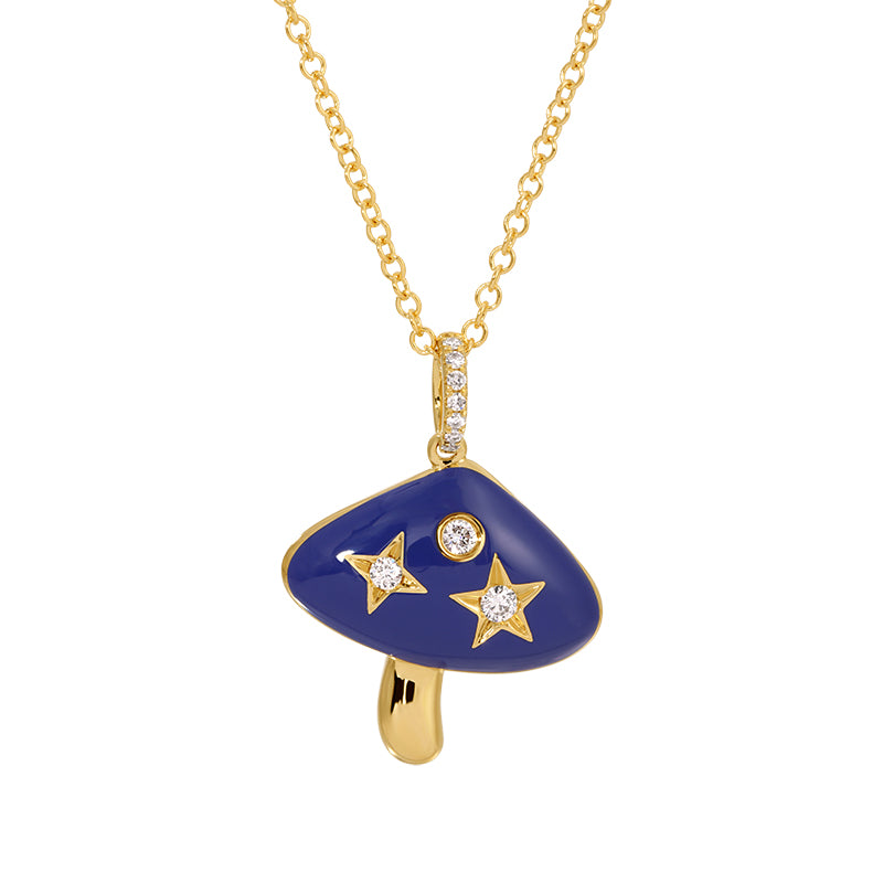 14k Yellow Gold Enamel Mushroom Diamond Necklace