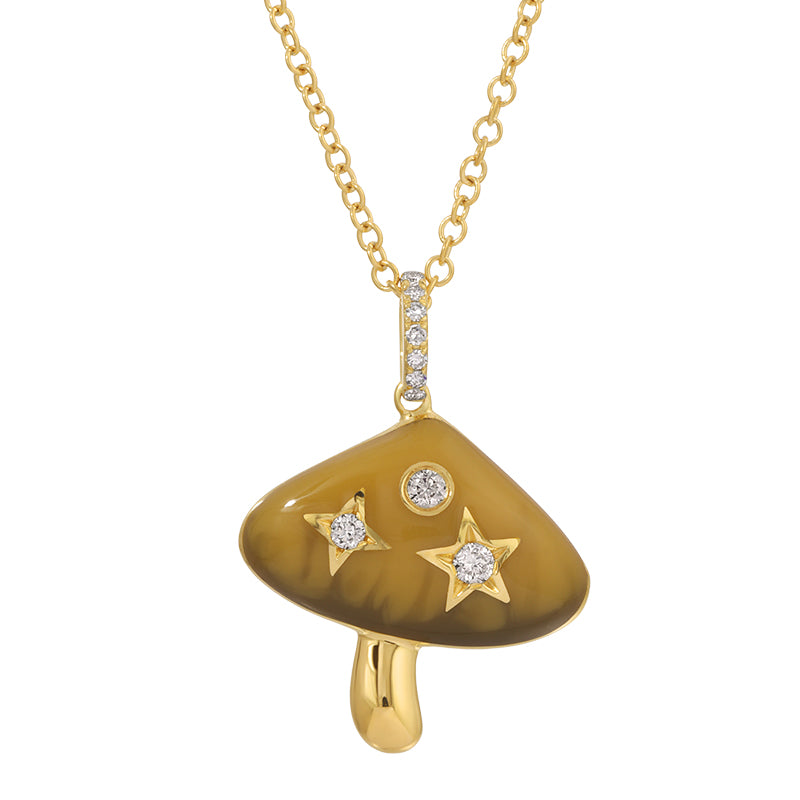 14k Yellow Gold Enamel Mushroom Diamond Necklace