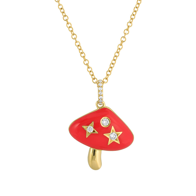 14k Yellow Gold Enamel Red Mushroom Diamond Necklace