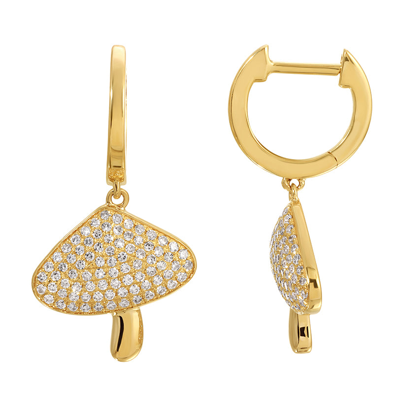 14k Yellow Gold Diamond Mushroom Diamond Huggie Earrings