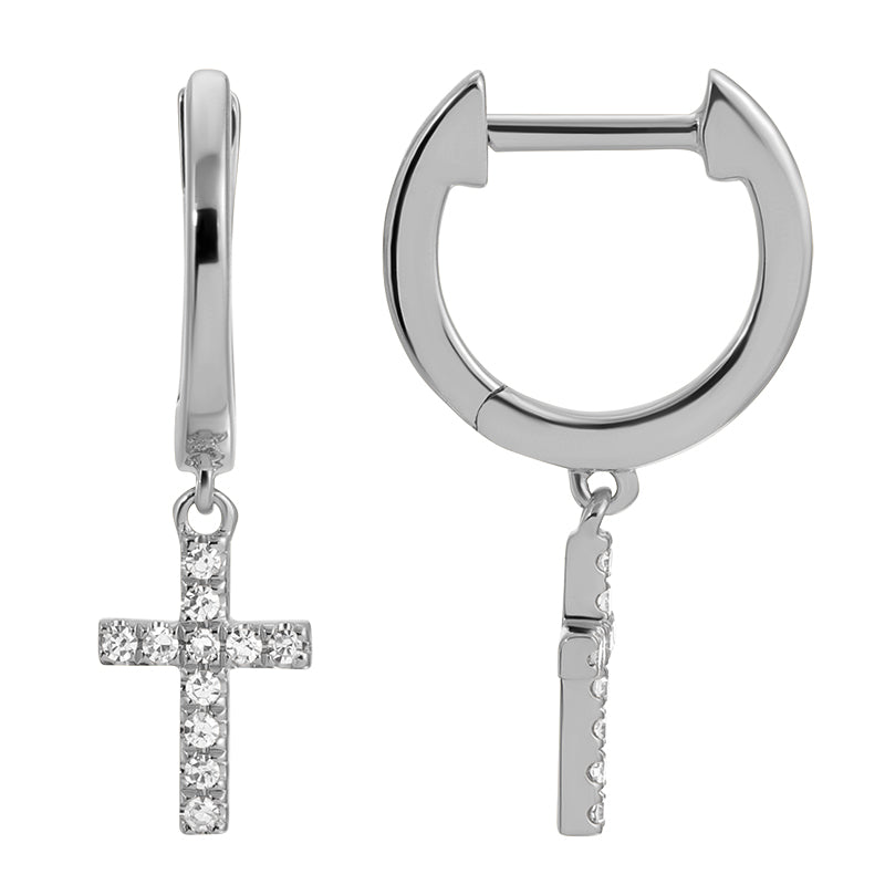 14k White Gold Diamond Cross Huggie Earrings