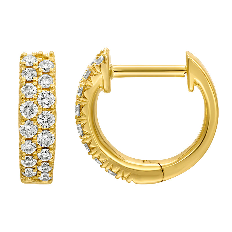 14k Yellow Gold Double Rows Diamond Huggie Earrings