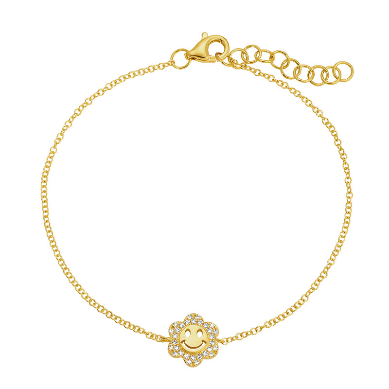 14k Yellow Gold Smiley Face Flower Diamond Bracelet