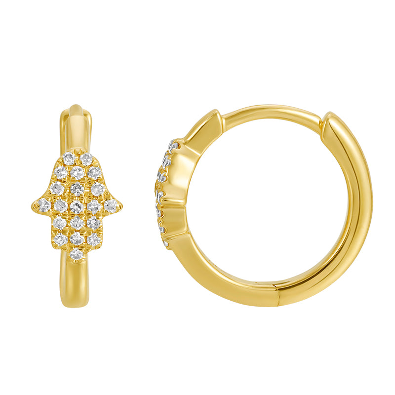 14k Yellow Gold Hamsa Diamond Huggie Earrings