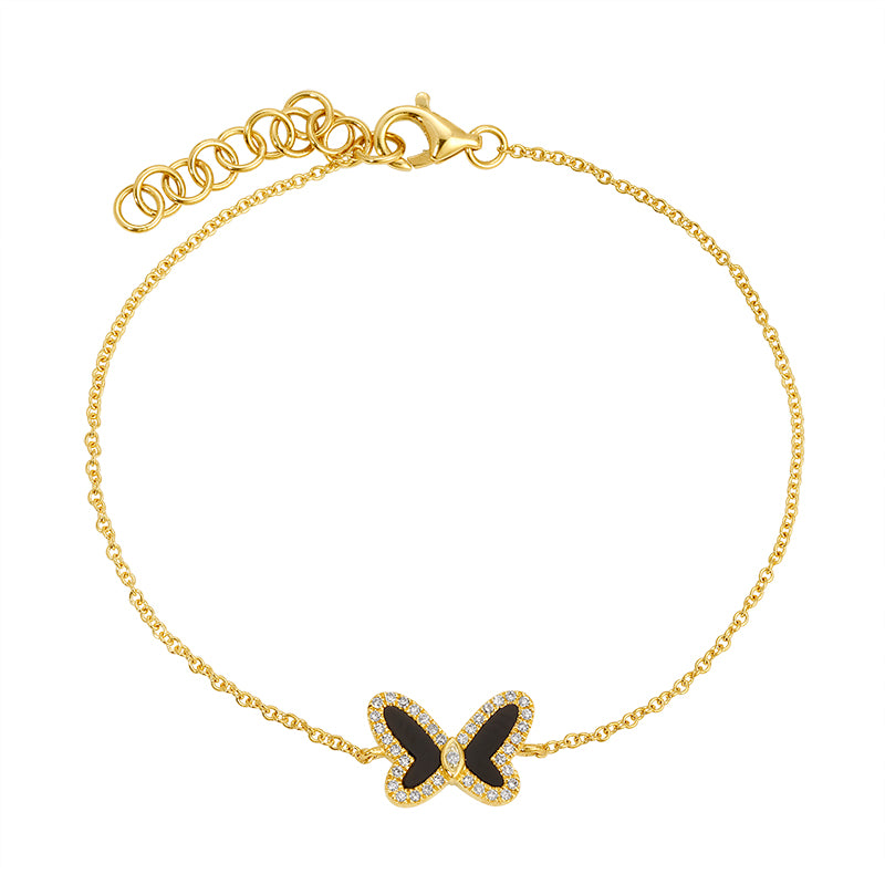 14k Yellow Gold Onyx Butterfly Diamond Chain Bracelet