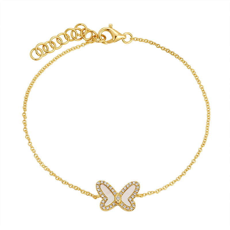 14k Yellow Gold Mop Butterfly Diamond Chain Bracelet