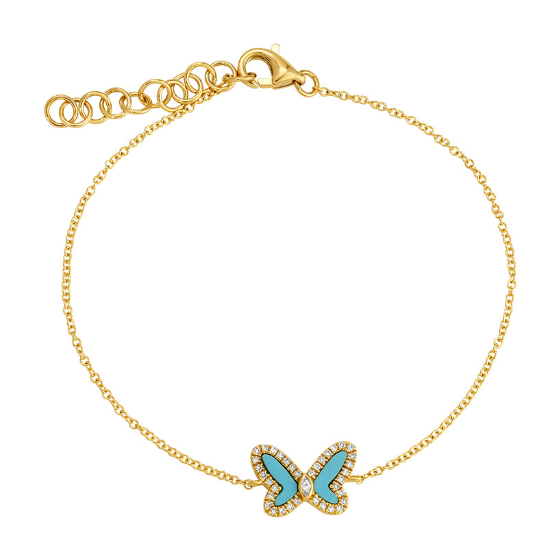 14k Yellow Gold Turquise Butterfly Diamond Chain Bracelet