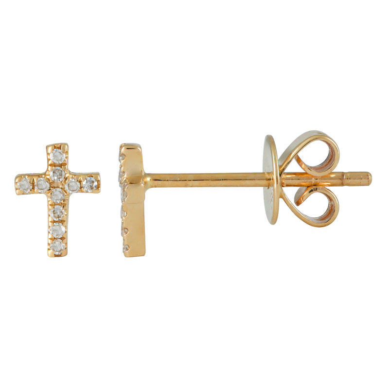 14k Yellow Gold Cross Diamond Stud Earrings