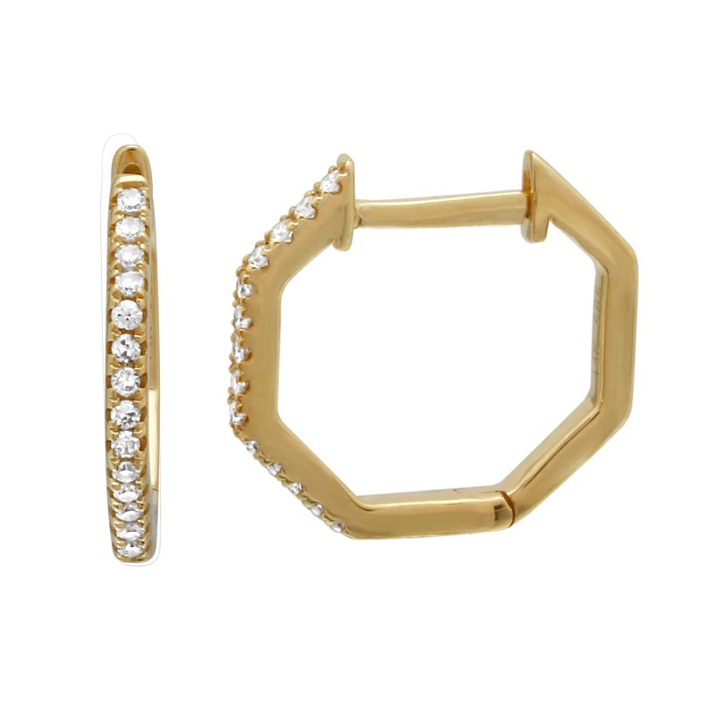 14k Yellow Gold Diamond Octagon Huggie Earrings