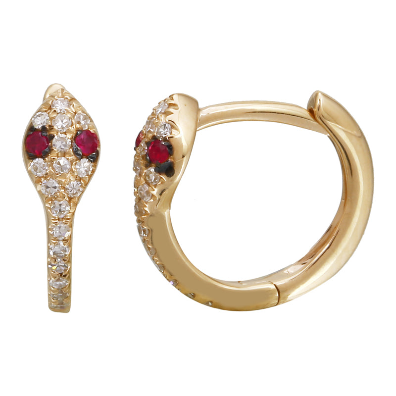 14k Yellow Gold Snake Diamond Huggie Earrings / Ruby Eye