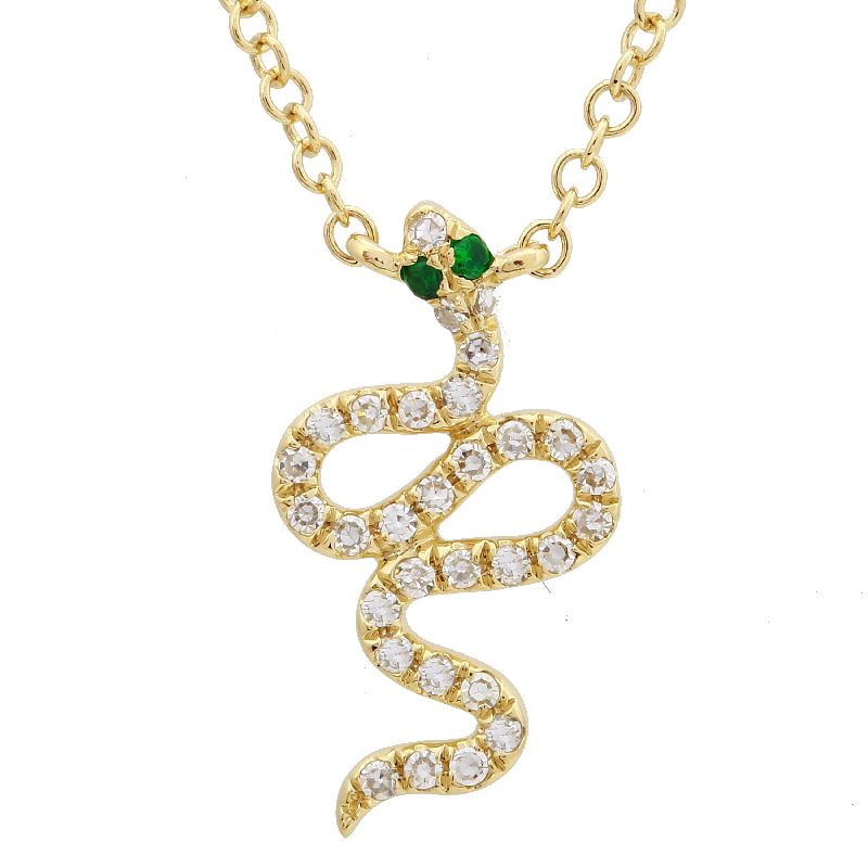 14k Yellow Gold Diamond Snake Necklace / Green Eye