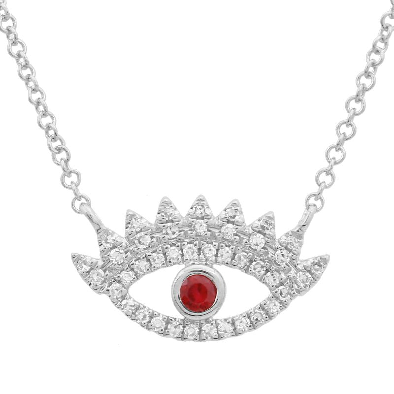 14k White Gold Diamond Evil Eye Necklace / Red Eye